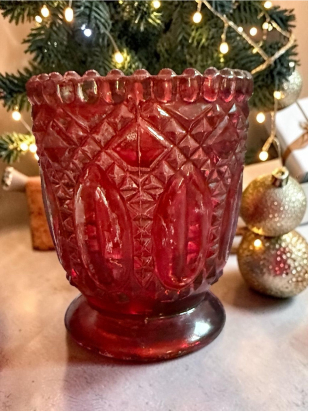 Vintage Ruby Red Pressed Glass Footed Spooner / Vase